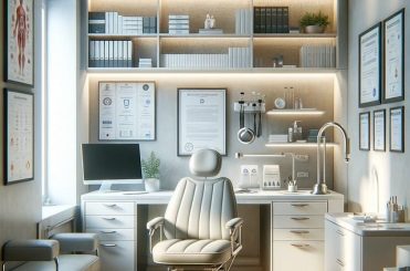 Praxisumzug Heidenheim. Ein Empfangszimmer einer Arztpraxis mit Arbeitstisch, Stuhl und einem Regal voller Bücher, nach einem Umzug mit A2B Umzüge.