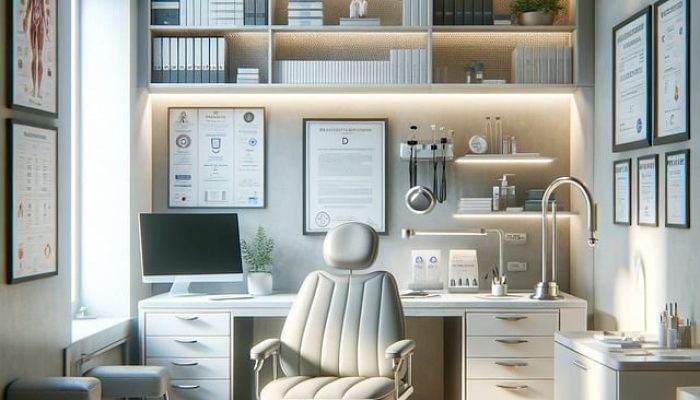 Praxisumzug Heidenheim. Ein Empfangszimmer einer Arztpraxis mit Arbeitstisch, Stuhl und einem Regal voller Bücher, nach einem Umzug mit A2B Umzüge.